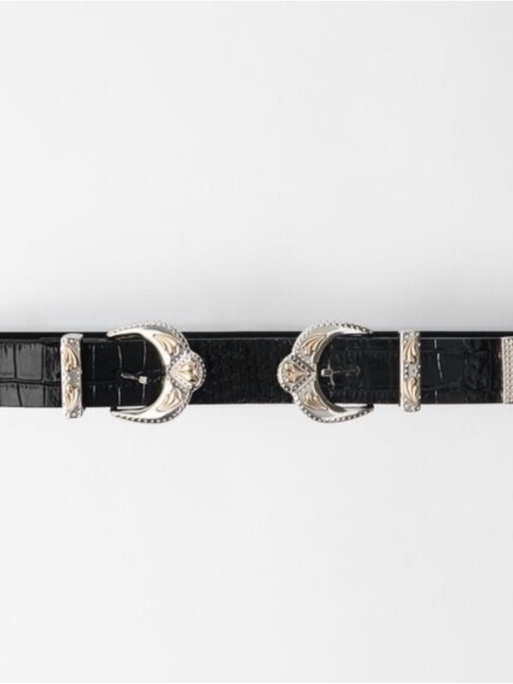 Maje Black Croc-Embossed Double Buckle Belt with Silver Hardware